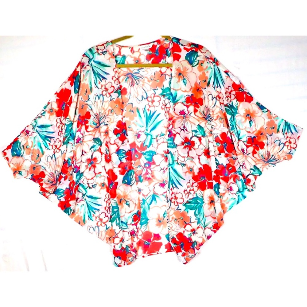 Charming Charlie Sheer Cover Up Top Womans Medium Hawaiian Floral Open Front